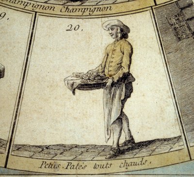 Szczegóły gry w gęś Cree of Paris: kupiec gorącego makaronu. Rycina z XVIII wieku. Dz. Odjazd. autorstwa French School