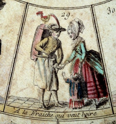 Fragment gry Gęsi Cree z Paryża: mleczarni i przewoźnika wody. Rycina z XVIII wieku. Dz. Odjazd. autorstwa French School