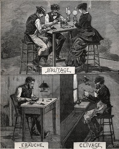 Cięcie diamentem, dźwięk, szorstkość i łupanie. Grawer z 1885 roku w „Les arts et metiers illustres” Adolphe BITARD. autorstwa French School