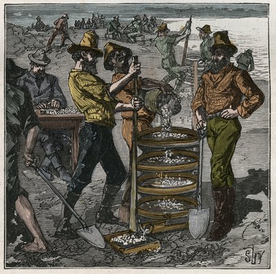 Pranie diamentów w RPA w XIX wieku. Grawer z 1885 roku w „Les arts et metiers illustres” Adolphe BITARD. autorstwa French School