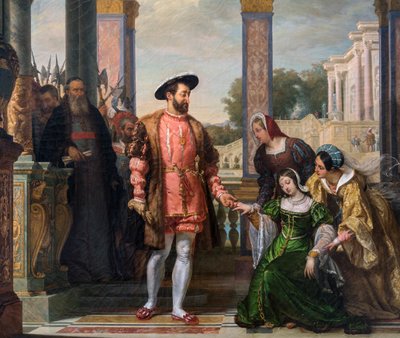 Diane de Poitiers (1499-1566) wyprasza łaskę ojca Franciszkowi I - deatil de „Diane de Poitiers wybłagaj łaskę ojca Franciszkowi I”” namalowany przez F.A. Bitter - 1828 - Le Mans, musee de Tesse autorstwa French School