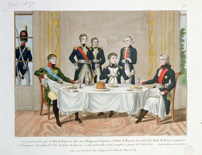 Kolacja w Tilsit pomiędzy Fryderykiem Wilhelmem III Pruskim, carem Rosji Aleksandrem I i Napoleonem, który wznosi toast za Królową Prus 3 czerwca 1807 autorstwa French School