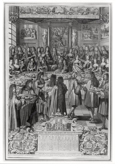 Kolacja Ludwika XIV (1638-1715) w Hotel de ville, 30 stycznia 1687, z kalendarza roku 1688 autorstwa French School
