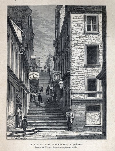 Odkryj Kanadę: Rue du Petit Champlain (Petit-Champlain) w Quebecu. Rysunek Taylora ze zdjęcia. Rycina z końca XIX wieku w „La nouvelle France” autorstwa Eugene