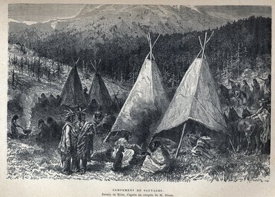 Odkryta Kanada: American Indian Camp z tipi. Rysunek autorstwa Riou ze szkicu Dixona. Rycina z końca XIX wieku w „La nouvelle France” autorstwa Eugene
