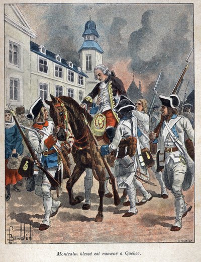 Odkryta Kanada: Louis Joseph de Montcalm (1712-1759) generał francais ranny podczas oblężenia miasta Quabec przez Anglików i sprowadzony z powrotem do Quebecu w 1759 roku. Rycina z końca XIX wieku w „La nouvelle France” autorstwa Eugene