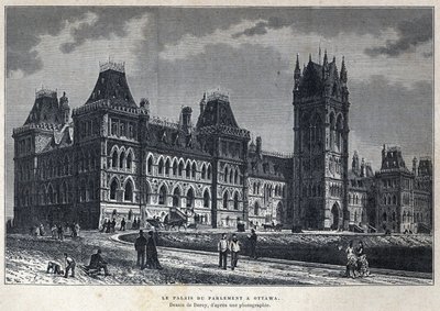 Odkryta Kanada: Pałac Parlamentu w Ottawie. Rysunek autorstwa Deroy z fotografii. Rycina z końca XIX wieku w „La nouvelle France” autorstwa Eugene