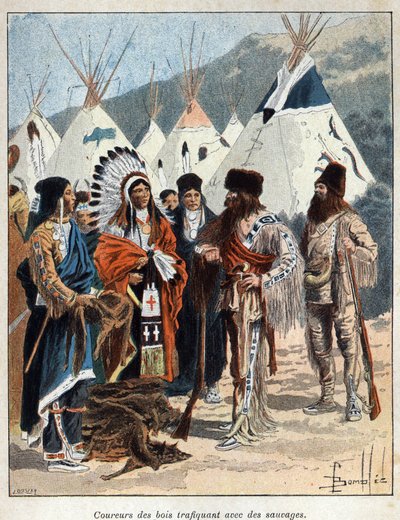 Odkryli Kanadę: coureurs de bois, zajmujący się handlem futrami z Indianami Ameryki, handlujący skórami zwierzęcymi w XVII wieku. Rycina z końca XIX wieku w „La nouvelle France” autorstwa Eugene