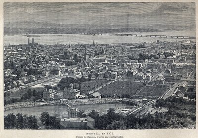 Odkryta Kanada: widok miasta Montreal w 1875 roku. Rysunek Benoist po zdjęciu. Rycina z końca XIX wieku w „La nouvelle France” autorstwa Eugene