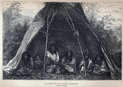 Odkryty z Kanady: Indianie amerykańscy żyjący w Górach Skalistych. Rycina z końca XIX wieku w „La nouvelle France” autorstwa Eugene