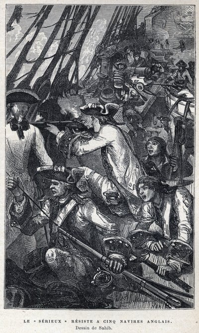 Odkryty z Kanady: Jacques Pierre de Taffanel de la Jonquiere (1685-1752) Francuski oficer marynarki na czele francuskiego statku „Le serieux” oparł się pięciu angielskim statkom. Rysunek autorstwa Sahiba. Grawer z końca XIX wieku w „La nouvelle Fra autorstwa French School