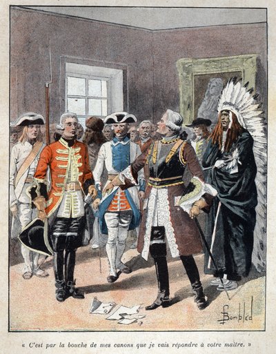 Odkryty z Kanady: Louis de Buade, hrabia Frontenac (1622-1698) przyjmujący emisariusza angielskiego gubernatora kolonii Massachusetts (1651-1695) Williama Phipsa i odpowiedział mu: odpowie twojemu panu” autorstwa French School
