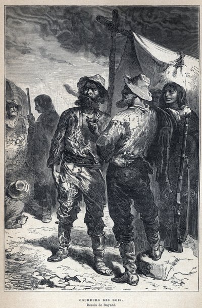 Odkryty z Kanady: coureur des bois (zaangażowany w handel futrami z Indianami). Rysunek Bayarda. Rycina z końca XIX wieku w „La nouvelle France” autorstwa Eugene