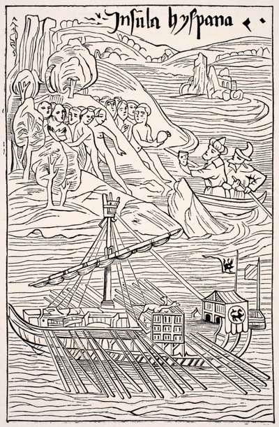 Odkrycie Santo Domingo, Insula Hyspana przez Krzysztofa Kolumba, faksymile drzeworytu Epistola Christoferi Colom, z Science and Literature in The Middle Ages autorstwa Paula Lacroix pub. Londyn 1878 autorstwa French School