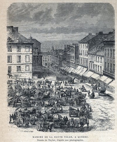 Disouverte du Canada: przemarsz z górnego miasta (Górnego lub Górnego Miasta) do Quebecu. Rysunek Taylora ze zdjęcia. Rycina z końca XIX wieku w „La nouvelle France” autorstwa Eugene