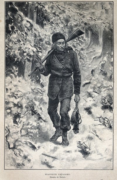 Disouverte du Canada: portret kanadyjskiego trapera w lesie. Rycina z końca XIX wieku w „La nouvelle France” autorstwa Eugene