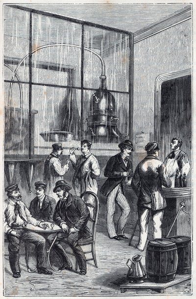 Destylator w Paryżu w XIX wieku - Grawer w „Nauki udostępnione dla wszystkich - fizyka i chemia” Alexisa Clerca - Koniec XIX wieku - Kolekcja prywatna autorstwa French School