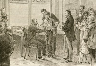 Doktor Pasteur badający chłopca zarażonego wścieklizną. XIX wiek (grawerunek) autorstwa French School