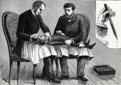 Lekarze badający oczy dziecka i wstrzykujący krople do oczu (grawerunek) 1888 autorstwa French School