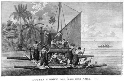 Podwójna Pirogue Przyjaznych Wysp, ilustracja z Atlas du Voyage a la recherche de La Perouse, 1792 autorstwa French School