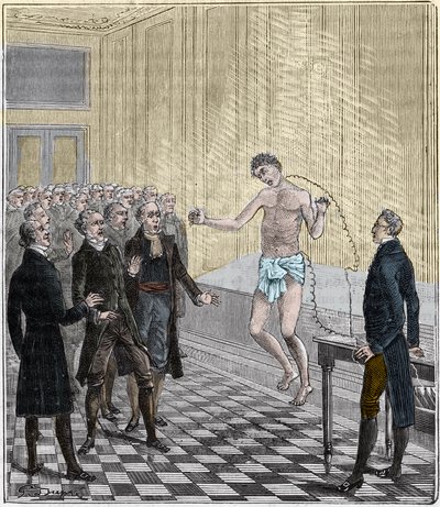 Dr Andrew Ure przeprowadzający eksperymenty woltaiczne na ciele straconego mordercy, Clydesdale, w 1818 r. - Doświadczenie Andrew Ure