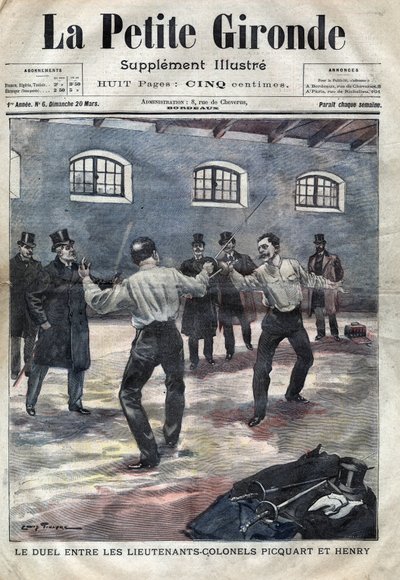 Afera Dreyfusa: pojedynek podpułkowników Georgesa Picquarta (1854-1914) z Hubertem Henrym (1846-1898) w szkole wojskowej w Paryżu. Okładka „La petite Gironde” z marca 1898 (rycina) autorstwa French School