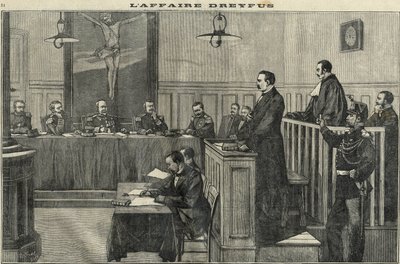 Sprawa Dreyfusa w 1898 r.: przesłuchanie Rady Wojennej: proces komandora Esterhazego. Grawer w „Le petit parisien” z 1898 r. autorstwa French School