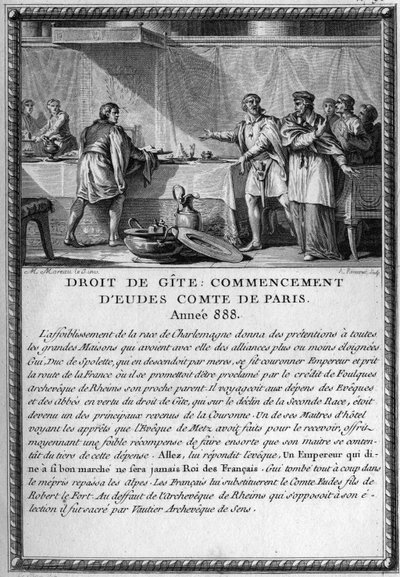 Droit de Gite, Początek Eudes, hrabiego Paryża, rok 888. Król Guy (Gui) III, książę Spolete (zm. 894) był hebergerem nad Eveque z Metzu pod prawem chaty (prawo lenne dające prawo panu być hebergerem przez swoich ludzi, kiedy się wprowadza autorstwa French School