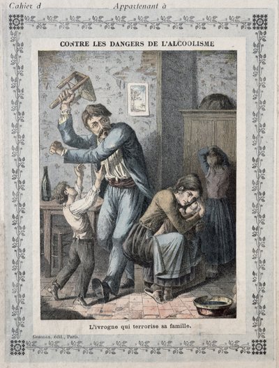Pijak terroryzujący rodzinę, okładka szkolnego zeszytu. ok. 1900 autorstwa French School
