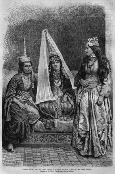 Księżniczka druzów z dzisiejszej Syrii. Podróżuje po Fenicji, Libanie i Judei. 1875-1880 Louis Charles Emile Lortet, 1884 (bw grawerowanie) autorstwa French School