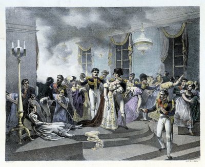 Podczas uroczystości ślubu Napoleona I z Marią Louise w ambasadzie austriackiej w Paryżu w dniu 01.07.1810 wybuchł pożar. Było kilka zgonów. Napoleon I stworzył później Strażaków. autorstwa French School