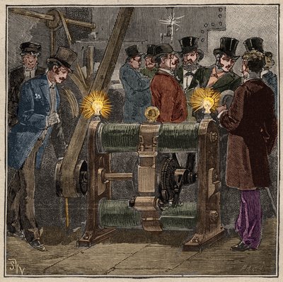 Maszyna elektryczna dynamo typu Gram (Zenobe Theophile Gram) wytwarzająca prąd stały, doświadczenie elektryczne w maszynowni Conservatoire des arts et metiers de Paris (ok. 1881 r.). Grawer z 1885 r. w „Les arts et metiers illustres” autorstwa Ad autorstwa French School