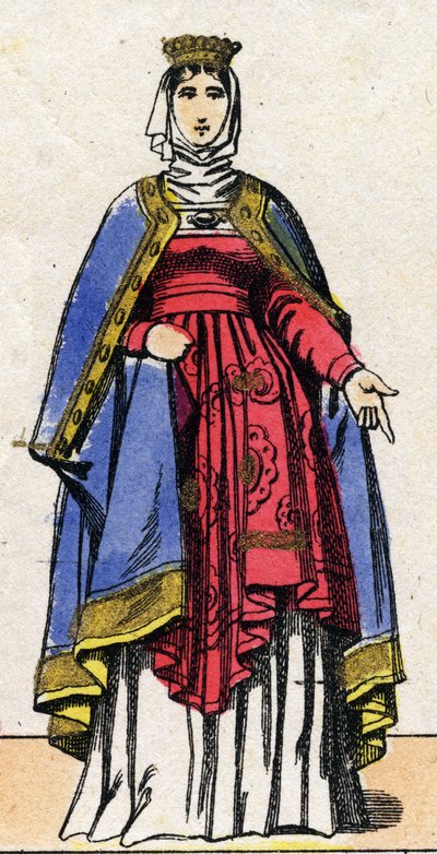 Dynastia Kapetów: Portret Isabelle de Hainaut (1170-1190) Królowej Francji, żony Filipa II zwanego Filipem Augustem (1165-1223). Obrazowanie epinal z końca XIX wieku. Prywatna kolekcja. autorstwa French School