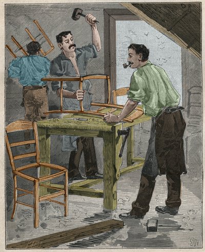 Ebenisterie: montaż krzeseł w XIX wieku we Francji. Grawer z 1885 roku w „Les arts et metiers illustres” Adolphe BITARD. autorstwa French School