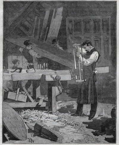 Ebenisterie: ebenist pracownik dzielący deskę w ustalonym. Grawer z 1885 roku w „Les arts et metiers illustres” Adolphe BITARD. autorstwa French School