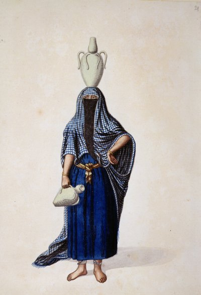 Egipcjanka niosąca dzbanek na wodę Ibrik, prawdopodobnie Cousinery, okres osmański, 3. ćw. XVIII w. (wc na papierze) autorstwa French School