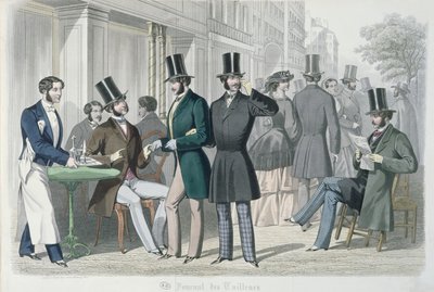 Eleganccy młodzi mężczyźni na tarasie kawiarni, 1857 (kolor grawerowany) autorstwa French School