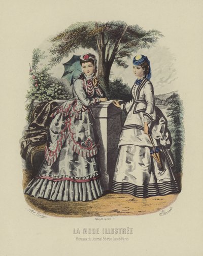Eleganckie kobiety w sukience z epoki stojące w ogrodzie autorstwa French School