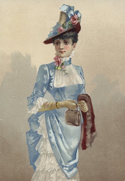 Elegancka młoda dama w niebieskiej sukience, niosąca małą torebkę autorstwa French School