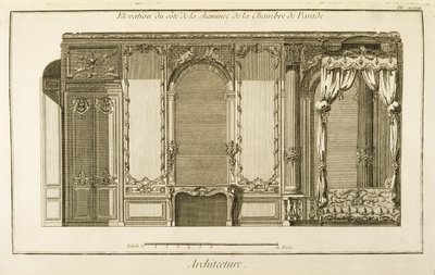 Elewacja sekcji kominowej Sali Paradowej, w mieszkaniu księżnej orleańskiej w Palais Royal w Paryżu, z Encyklopedii Diderota, wyd. 1762 autorstwa French School