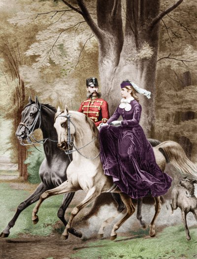 Cesarz Franciszek Józef I i cesarzowa Elżbieta Austriacka z Wittelsbach (1837-1898) jadący konno (rycina) autorstwa French School