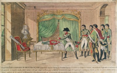 Cesarz Napoleon I kontemplujący miecz Fryderyka Wielkiego pod Poczdamem w 1806 r. (kolorystyka) autorstwa French School