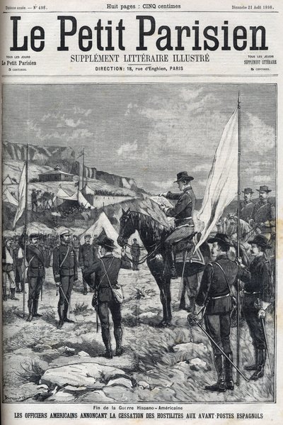Koniec wojny amerykańsko-hiszpańskiej (American Hispano) w 1898 roku. Amerykańscy oficerowie ogłaszają zaprzestanie działań wojennych na hiszpańskich placówkach. Grawer w „Le petit parisien”” z 1898 r. autorstwa French School