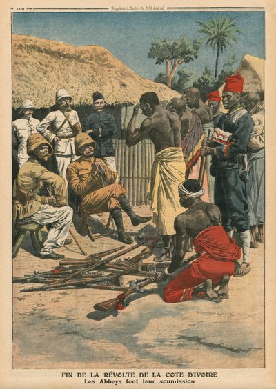 Koniec buntu Wybrzeża Kości Słoniowej, poddanie się opactwa komandorowi Noguesowi, ilustracja z „Le Petit Journal”, dodatek illustre, 15 maja 1910 autorstwa French School