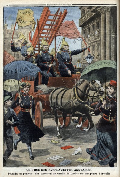 Angielskie sufrażystki przebrane za strażaków, z „Le Petit Journal”, 3 kwietnia 1910 (rycina) autorstwa French School