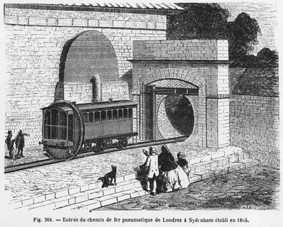 Wejście kolei pneumatycznej z Londynu do Sydenham, założonej w 1865 r. – w „Cudach nauki” L. Figuiera. ¿ autorstwa French School