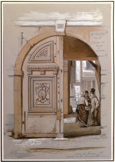 Wejście do hotelu Marquise de Brinvilliers, 28 rue de Bievre, Paryż (kreda i gwasz na papierze) autorstwa French School