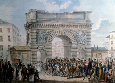 Wjazd aliantów do Paryża przez Porte Saint Martin w dniu 31.03.1814 r. parada króla Ludwika XVIII (1755-1824). Druk z 1814 r. Paryż, Musee Carnavalet autorstwa French School