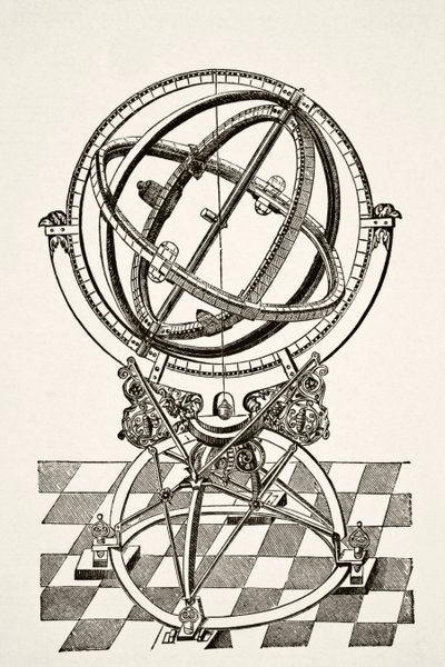 Równikowe pierścienie lub okręgi, według miedziorytu w książce Tychonis Brahe Astronomiae Instauratae Mechanica z 1602 r., Z Science and Literature in The Middle Ages autorstwa Paula Lacroix pub. Londyn 1878 autorstwa French School