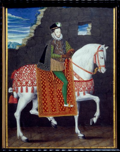 Portret konny Henryka III, króla Francji (1551-1589) Anonimowy obraz gwaszem. XVI w. niedz. 0,27x0,2m. Chantilly, Muzeum Conde autorstwa French School
